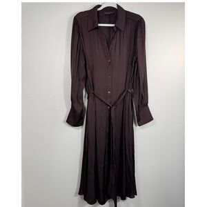 Lane Bryant Sz 14 Brown Satin Button Down Shirt Dress Long Sleeve Midi Pockets